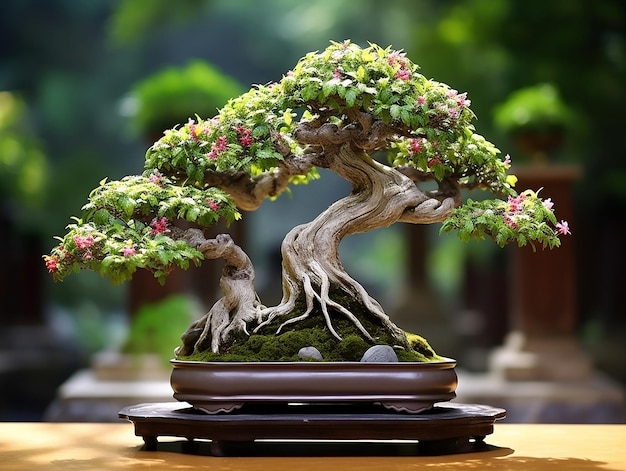 Hermosas plantas ornamentales bonsai en maceta