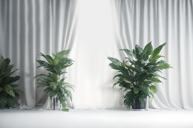 Foto hermosas plantas tropicales de interior en una olla blanca sobre un fondo de cortina blanca generado por ia