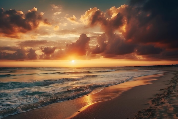 Hermosas playas tropicales, mar y océano con palmeras de coco al amanecer.