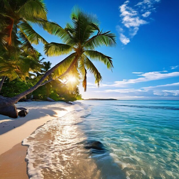 Foto hermosas playas tropicales y mar con palmeras de coco en la isla del paraíso