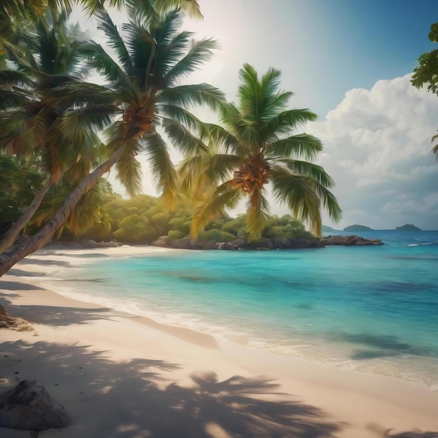 Hermosas playas tropicales y mar con palmeras de coco en la isla del paraíso