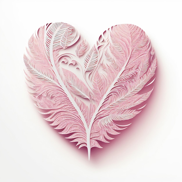 Hermosas plumas rosadas realistas formando forma de corazón en corte de papel 3D Render Love Concept