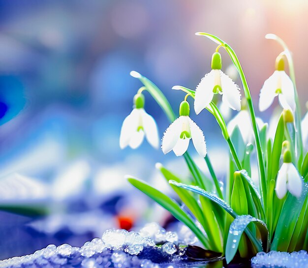 Hermosas primeras flores gotas de nieve en el bosque de primavera simbolizan la llegada de la primavera