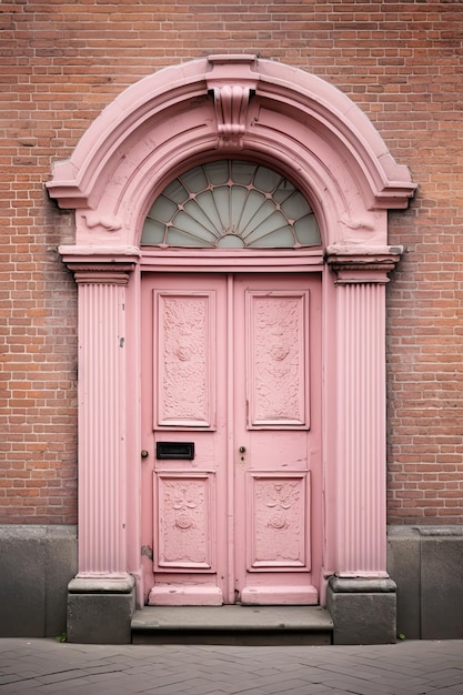 Hermosas puertas rosadas antiguas en un edificio clásico de ladrillo en la encrucijada con hermosos colores