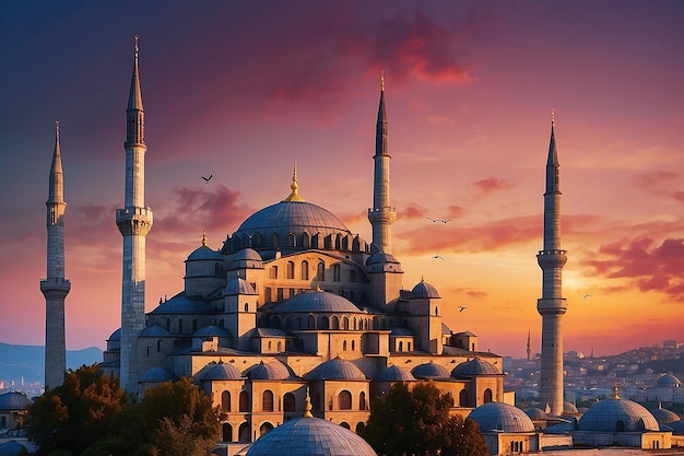 Hermosas puestas de sol en Estambul, Turquía La mezquita azul, el punto de referencia más famoso de Estambul, está iluminada por la luz rosa de la puesta de sol.