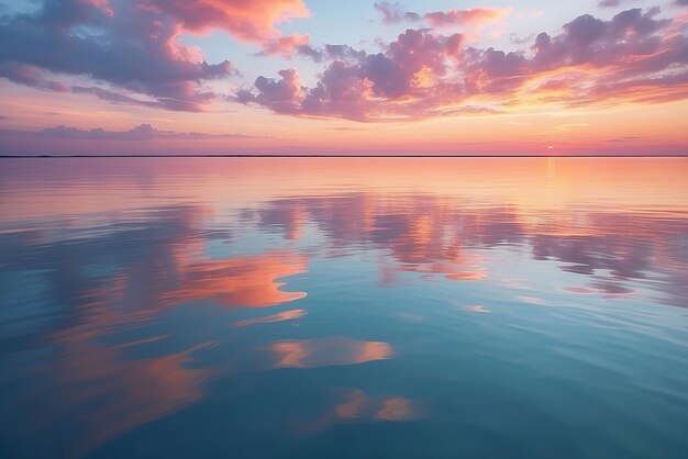 Hermosas puestas de sol en el mar colores pastel y reflejos en el agua paisaje de naturaleza tranquila con nubes coloridas y mar Medio ambiente gradiente natural fondo abstracto