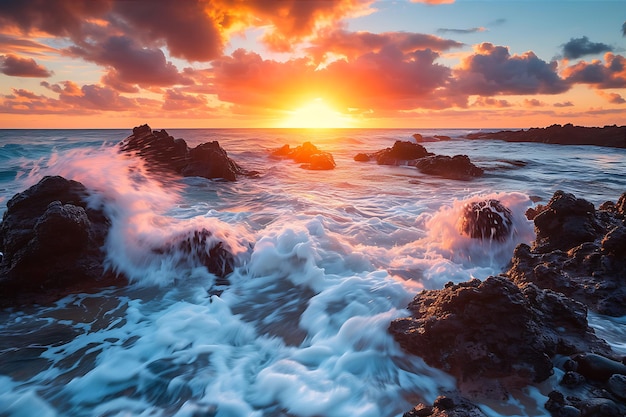 Hermosas puestas de sol con olas que chocan contra las rocas