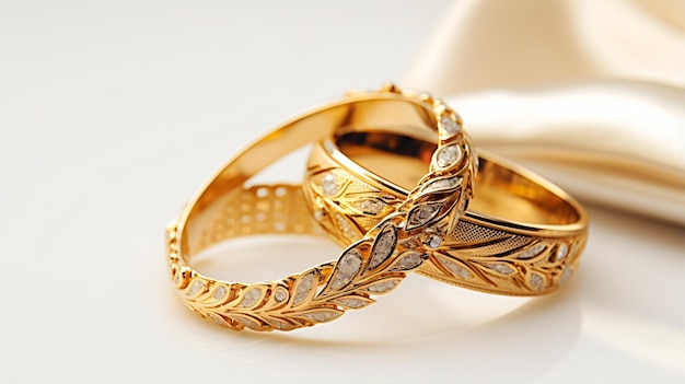 Hermosas pulseras de oro caras y un anillo sobre fondo blanco