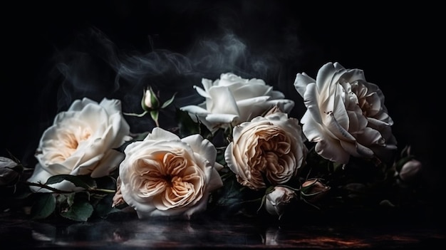 Hermosas rosas blancas sobre un fondo oscuro con humo Copiar spacegenerative ai