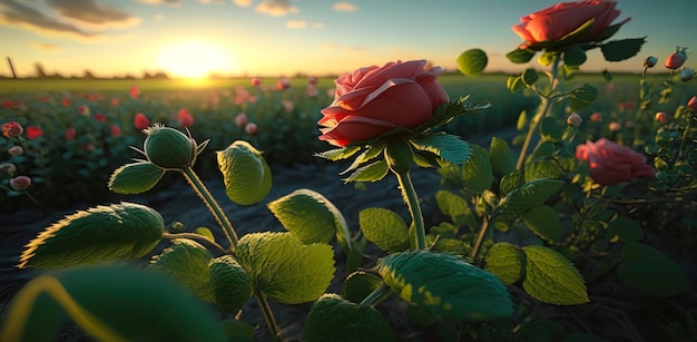 Hermosas rosas en un campo verde en un día soleado Iluminación cálida