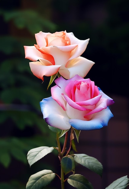 Hermosas rosas de dos colores hermosas flores rosas al aire libre