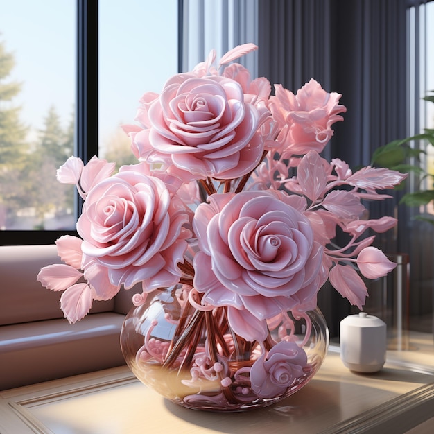 Hermosas rosas están decoradas en jarrones con fondo 3D