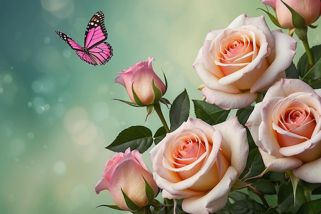 Foto hermosas rosas y flores de mariposa en el fondo floral