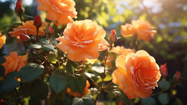 Hermosas rosas naranjas en el jardín al sol