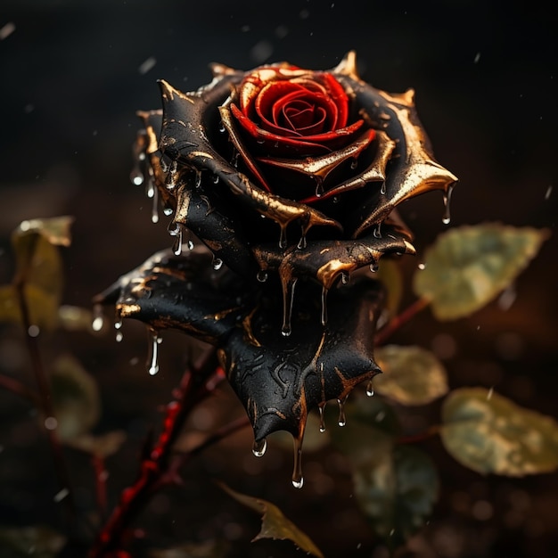 Hermosas rosas rojas oscuras y brumosas gotas de agua imagen arte generado por IA