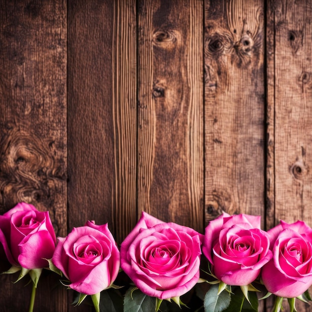 Foto hermosas rosas rosadas en fondo de madera