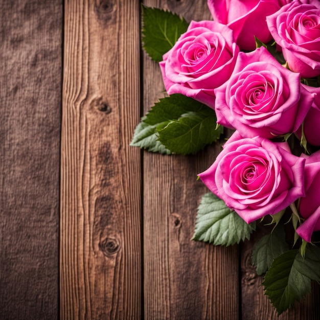 Hermosas rosas rosadas en fondo de madera