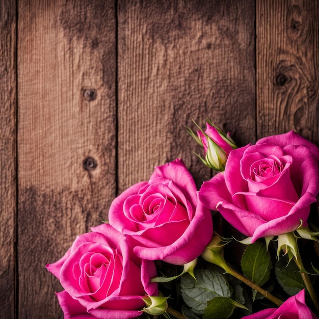 Hermosas rosas rosadas en fondo de madera