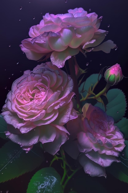 Hermosas rosas rosadas sobre un fondo oscuro Fondo floral IA generativa