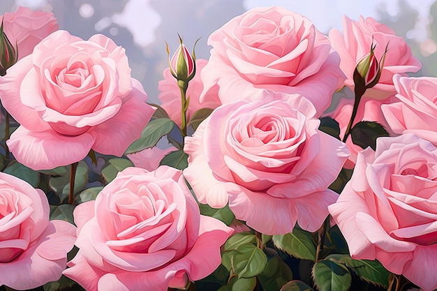 Hermosas rosas rosas sobre un fondo de naturaleza de cielo azul Pintura al óleo digital de hermosas rosos rosas generadas por IA