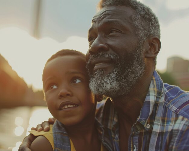 Foto hermosas sesiones fotográficas para el día del padre en poses adorables y sonrientes en un lugar maravilloso en la naturaleza