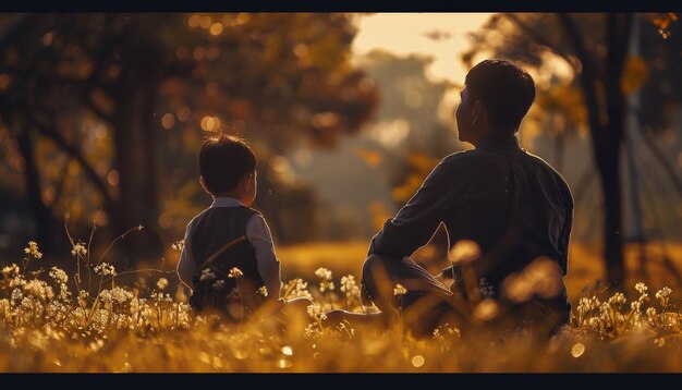 Foto hermosas sesiones fotográficas para el día del padre en poses adorables y sonrientes en un lugar maravilloso en la naturaleza