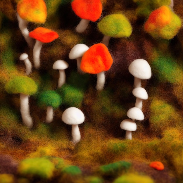 Foto hermosas setas de otoño rodeadas de hojas de otoño en el suelo del bosque. estilo de fieltro de lana