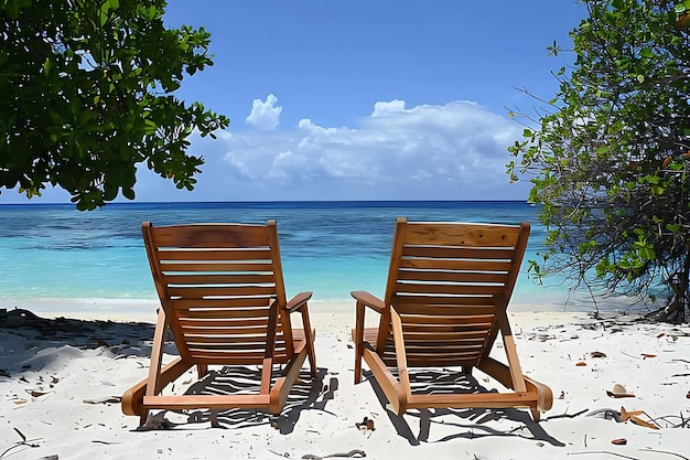 Hermosas sillas de playa en la playa de arena blanca tropical