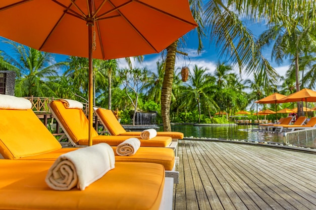 Hermosas sillas de sombrillas de lujo, piscina al aire libre en el resort con puesta de sol de palmeras de coco