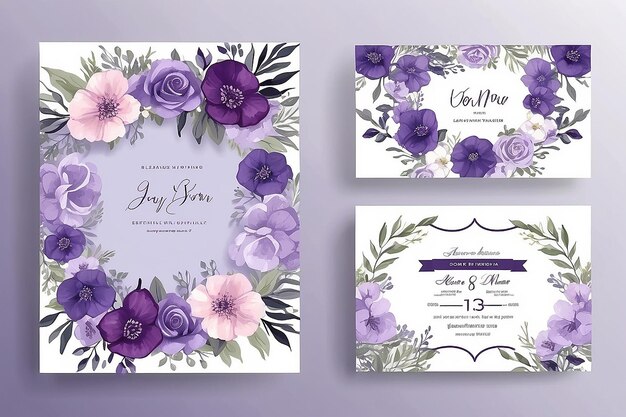 Foto hermosas tarjetas de invitación de boda con flores y hojas violetas