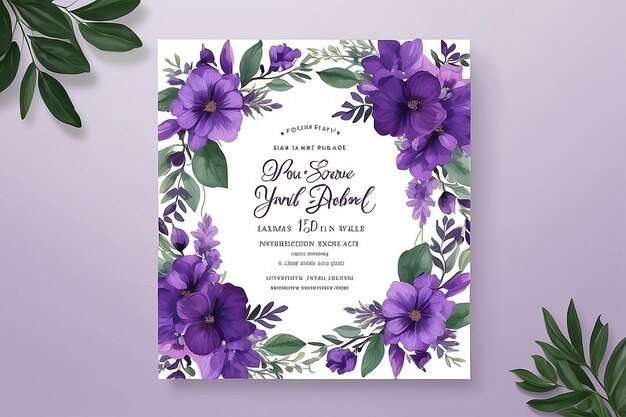 Hermosas tarjetas de invitación de boda con flores y hojas violetas