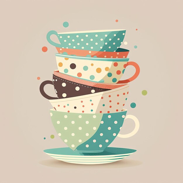 Foto hermosas tazas de té con elementos de lunares sobre fondo plano ai generativo