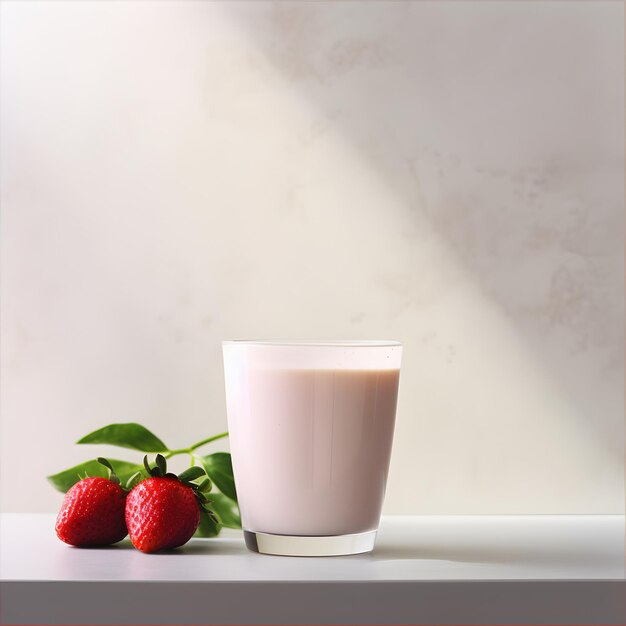 Hermosas tomas comerciales de un vaso de batido de leche de estilo minimalista con fondo contemporáneo