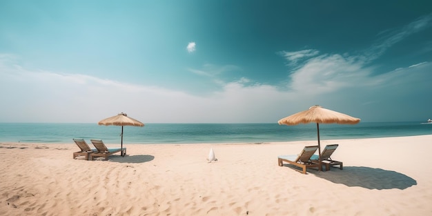 Hermosas tumbonas de paisaje tropical Vista al mar de arena blanca con tranquilidad y relajación en el horizonte