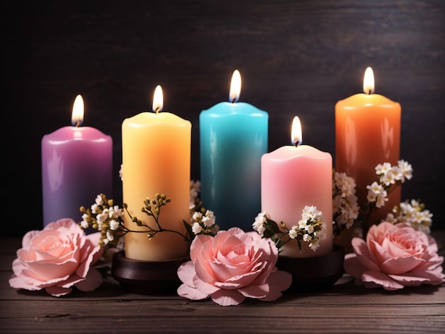 Hermosas velas de colores en fila con flores en la mesa de madera Día de la vela