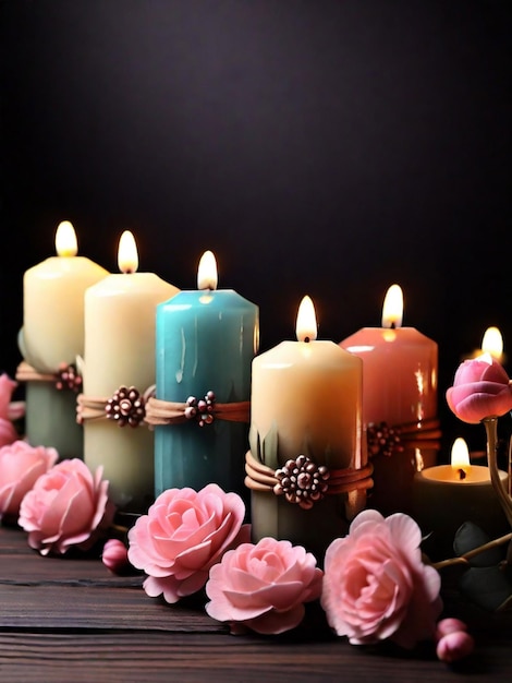 Hermosas velas de colores en fila con flores en la mesa de madera Día de la vela