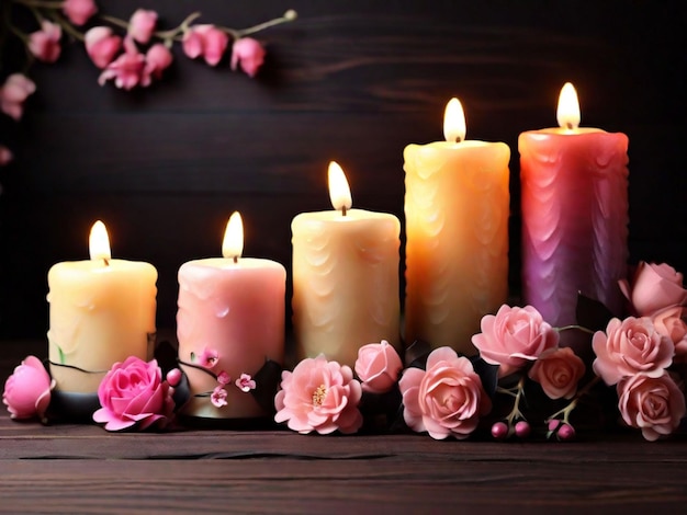 Hermosas velas de colores en fila con flores en la mesa de madera Día de la vela