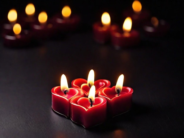 Hermosas velas en forma de corazón en la oscuridad del día de las velas.