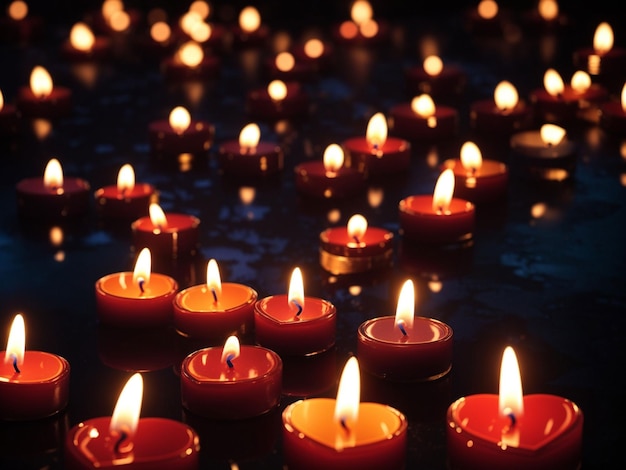 Hermosas velas en forma de corazón en la oscuridad del día de las velas.