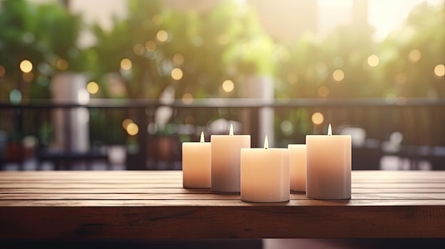 Hermosas velas de spa en blanco sobre una mesa de madera IA generativa