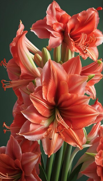 Hermosas y vibrantes flores de amaryllis en plena floración grandes y coloridas en forma de trompeta