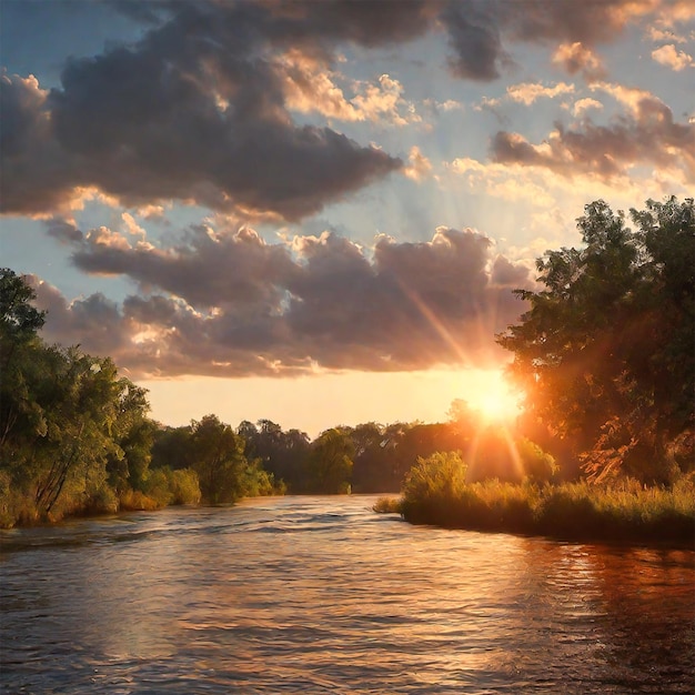 Foto hermosas vistas del río con una increíble luz solar en el fondo de la naturaleza