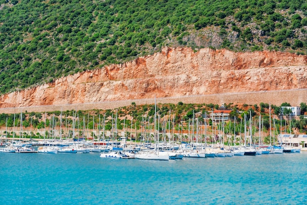 Hermosas vistas del yate blanco del puerto deportivo amarrado cerca de la costa rocosa verde