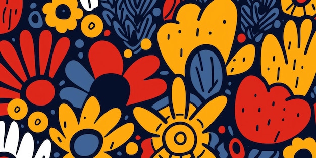 Hermoso abstracto rojo amarillo azul simple garabato dibujos animados diseño floral fondo generativo ai AIG32
