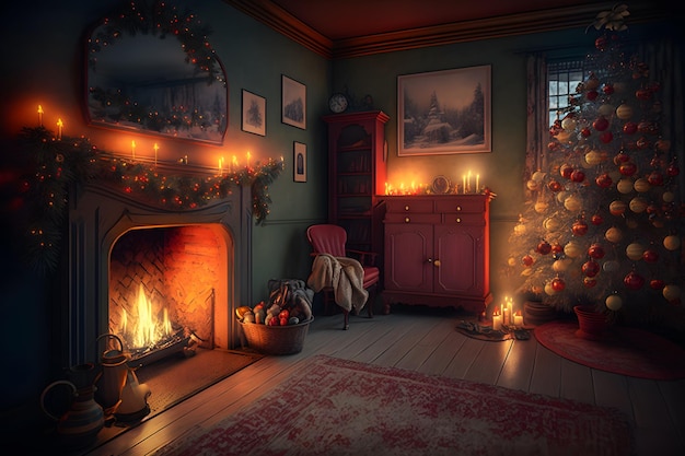 Hermoso y acogedor interior navideño con chimenea Red neuronal generada por IA