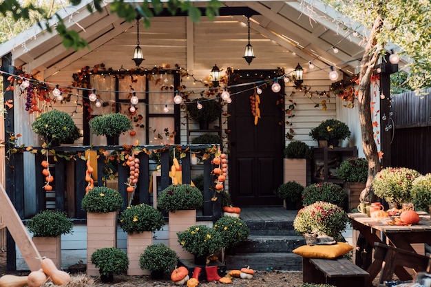 Hermoso y acogedor patio con flores de otoño, verduras y calabazas.