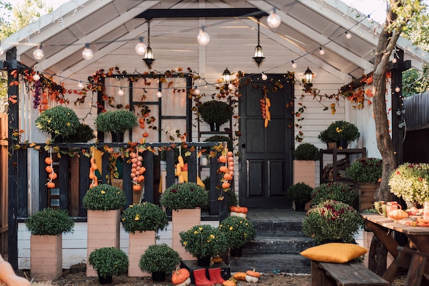 Hermoso y acogedor patio con flores de otoño, verduras y calabazas.