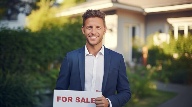 Hermoso agente inmobiliario masculino con letrero de VENTA contra el fondo de la casa hombre caucásico de ventas