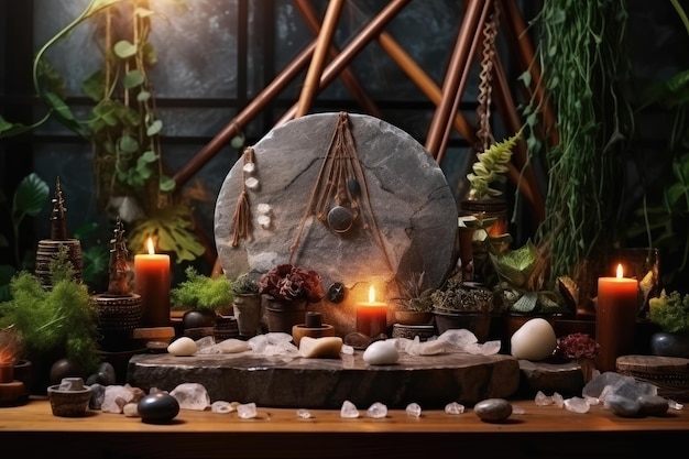 Hermoso altar esotérico y místico para meditación con cristales y piedras semipreciosas Templo Zen IA Generativa