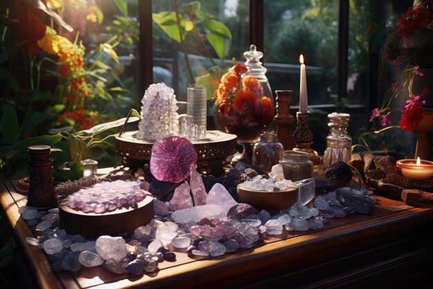 Hermoso altar esotérico y místico para meditación con cristales y piedras semipreciosas Templo Zen IA Generativa